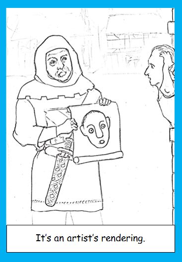 Cartoon of medieval constable looking for perpetrator