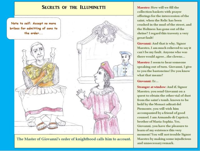 Cartoon of senior knight taking transgressor to task