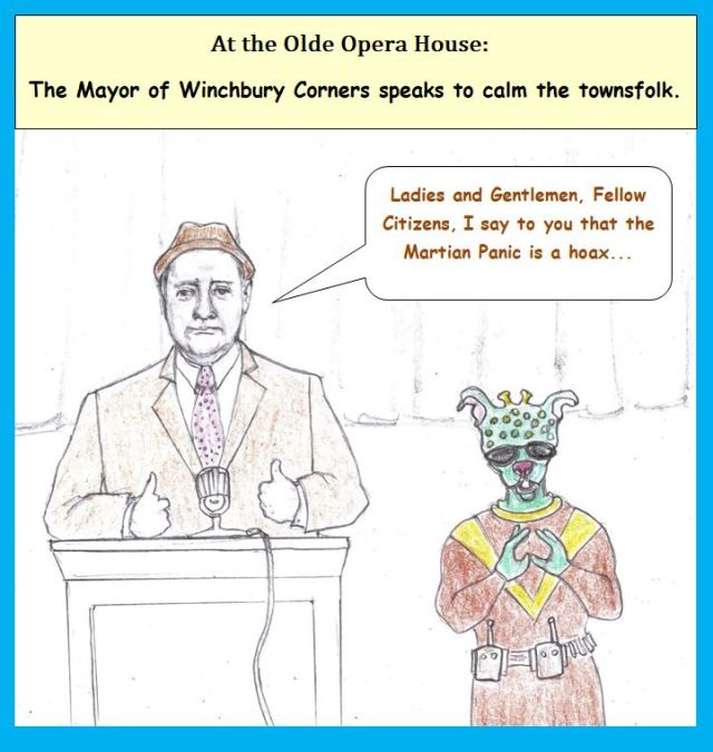 Cartoon of mayor denying Martian invasion