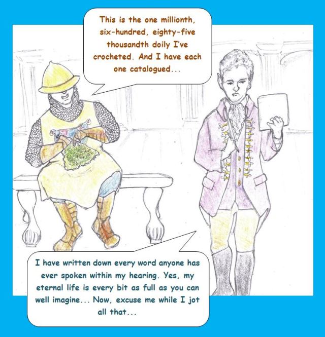 Cartoon of medieval and 18th century figures at their hobbies