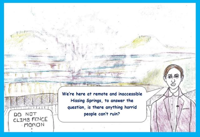 Cartoon of reporter at hot springs