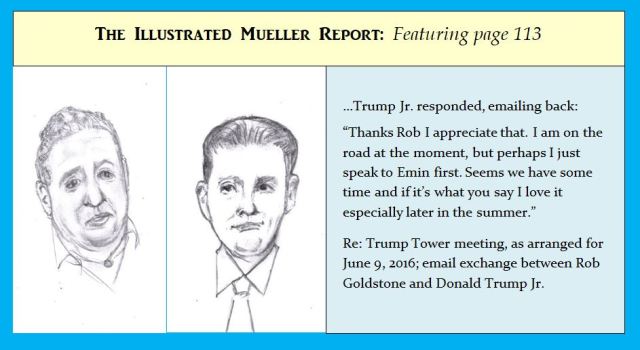 Cartoon of figures from Mueller Report arranging meeting