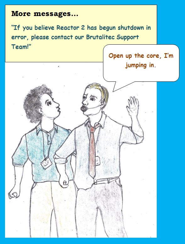 Cartoon of two plant workers seeking telephone help