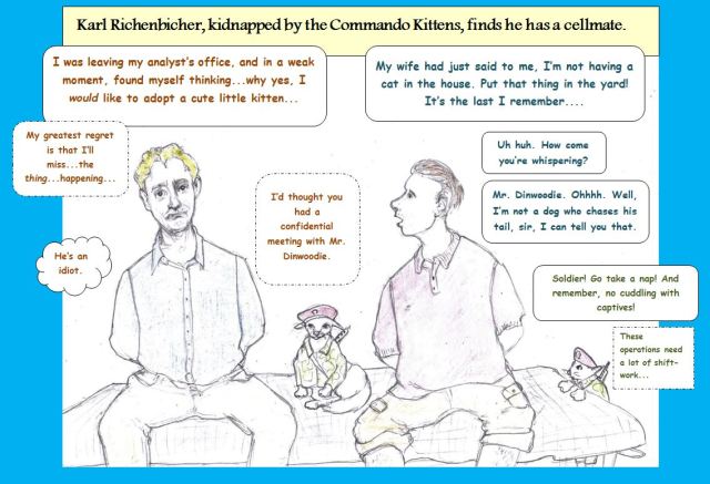 Cartoon of two kidnapped men on cot