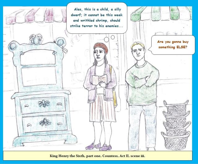 Cartoon of couple shopping at a sidewalk sale