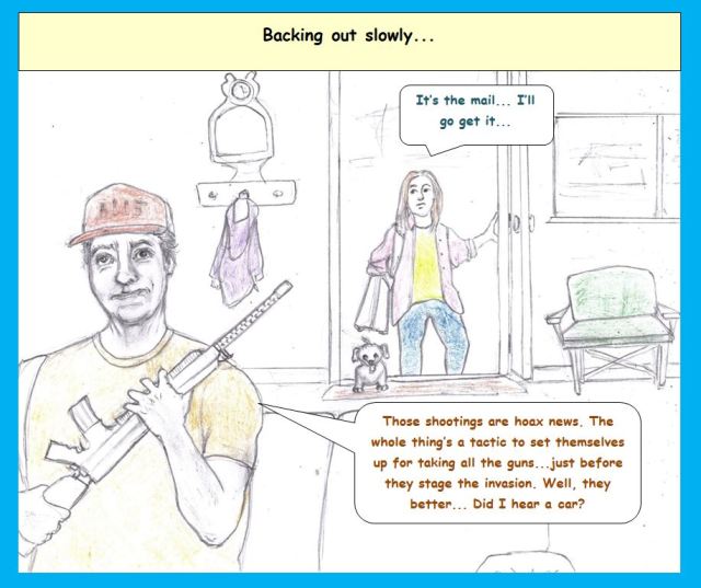 Cartoon of man with gun and wife leaving