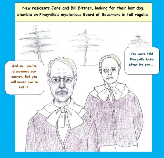 Cartoon of oddly dressed menacing figures