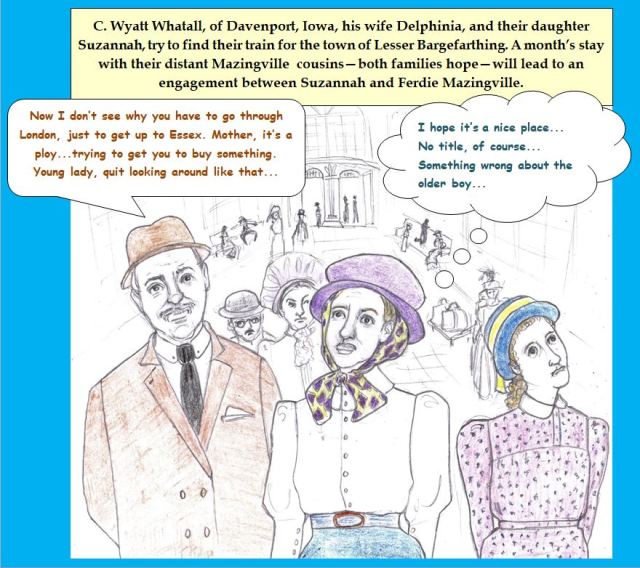 Cartoon of family walking through rail station