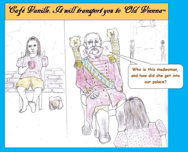 Cartoon of woman transported by coffee to Old Vienna