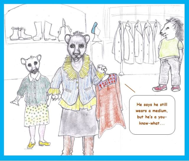 Cartoon of lions shopping for clothes