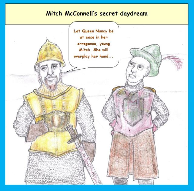 Cartoon of king figure and Mitch McConnell