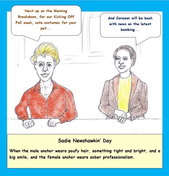 Cartoon of newscasters switching roles