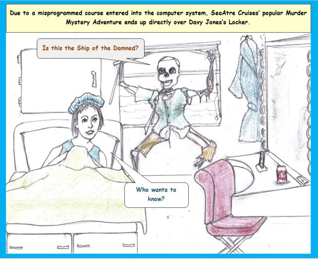 Cartoon of ship's passenger and skeletal man