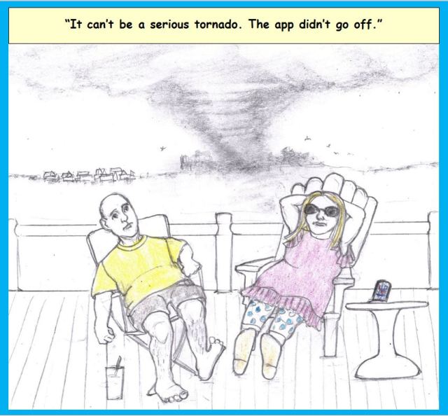 Cartoon of couple approached by tornado