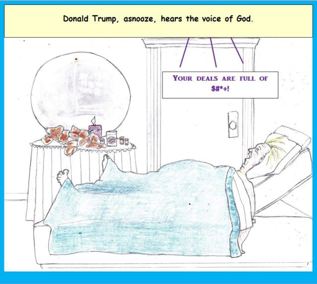 Cartoon of God speaking to Donald Trump