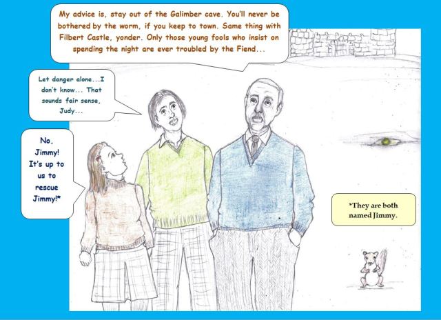 Cartoon of man advising adventurers