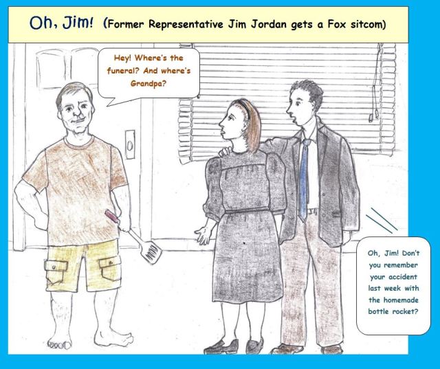 Cartoon of sitcom with goofy neighbor