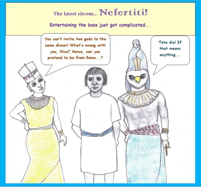 Cartoon of Nefertiti, servant, and Horus