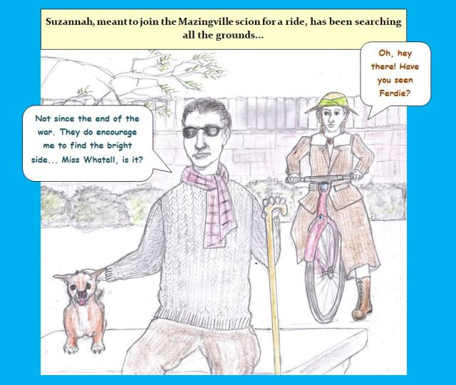 Cartoon of man in garden and girl on bicycle