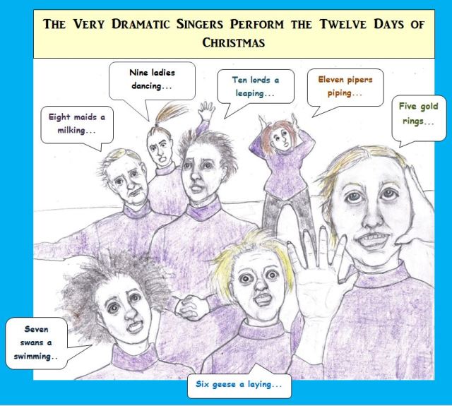 Cartoon of singers performing the 12 days of Xmas