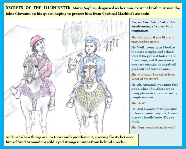 Cartoon of two renaissance era riders on a mountain road
