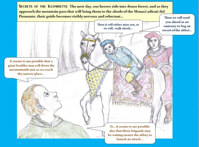 Cartoon of mountain guide afraid of continuing