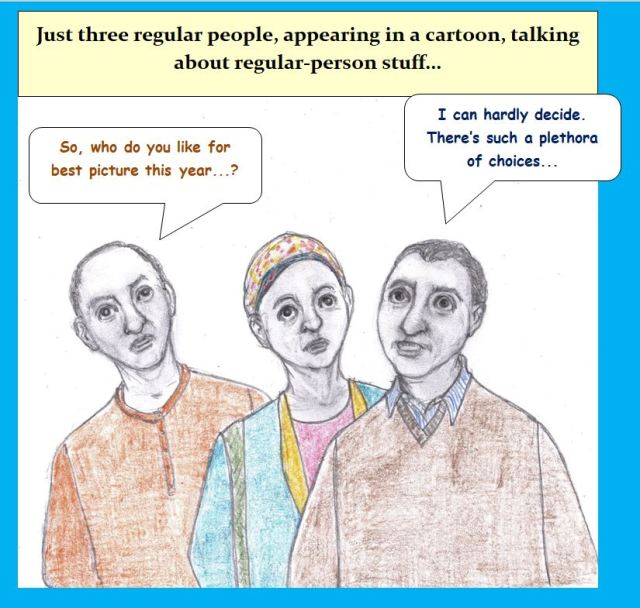 Cartoon of three people discussing Oscars