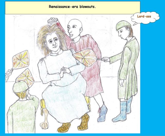 Cartoon of Renaissance king being coifed