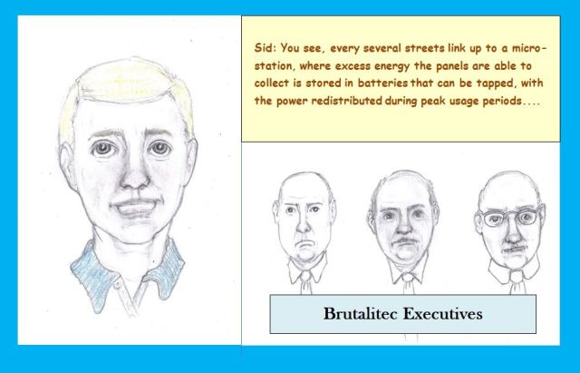 Cartoon of man explaining solar to nuclear executives
