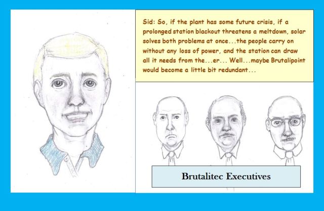 Cartoon of man explaining solar to nuclear executives
