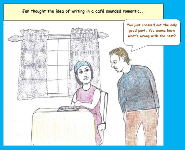 Cartoon of woman writing in cafe 