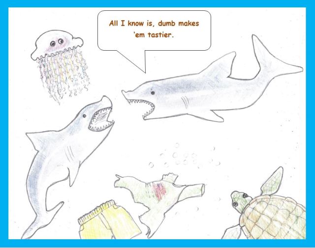 Cartoon of sharks and victim's clothes