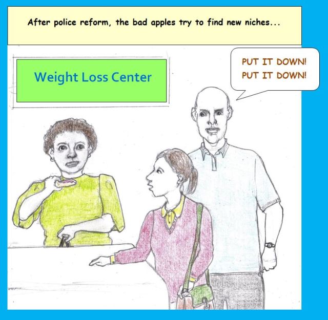 Cartoon of former police officer at new job