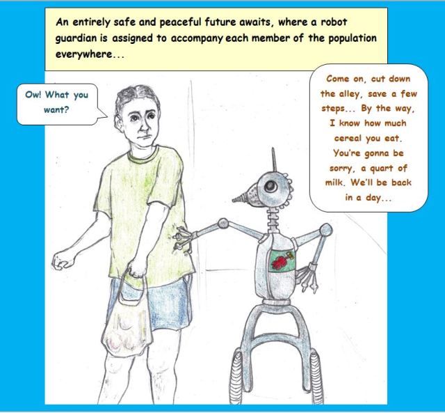 Cartoon of man walking with robot
