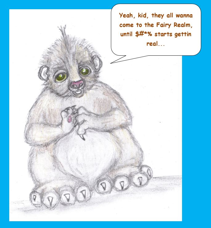 Cartoon of imaginary creature speaking to visitor