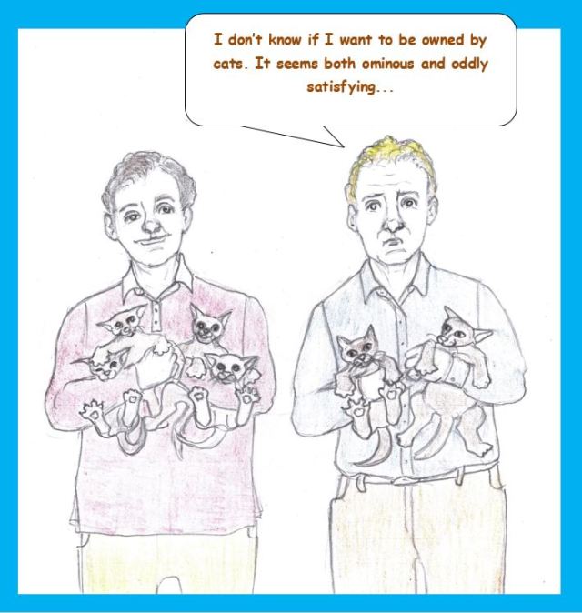 Cartoon of two men holding kittens
