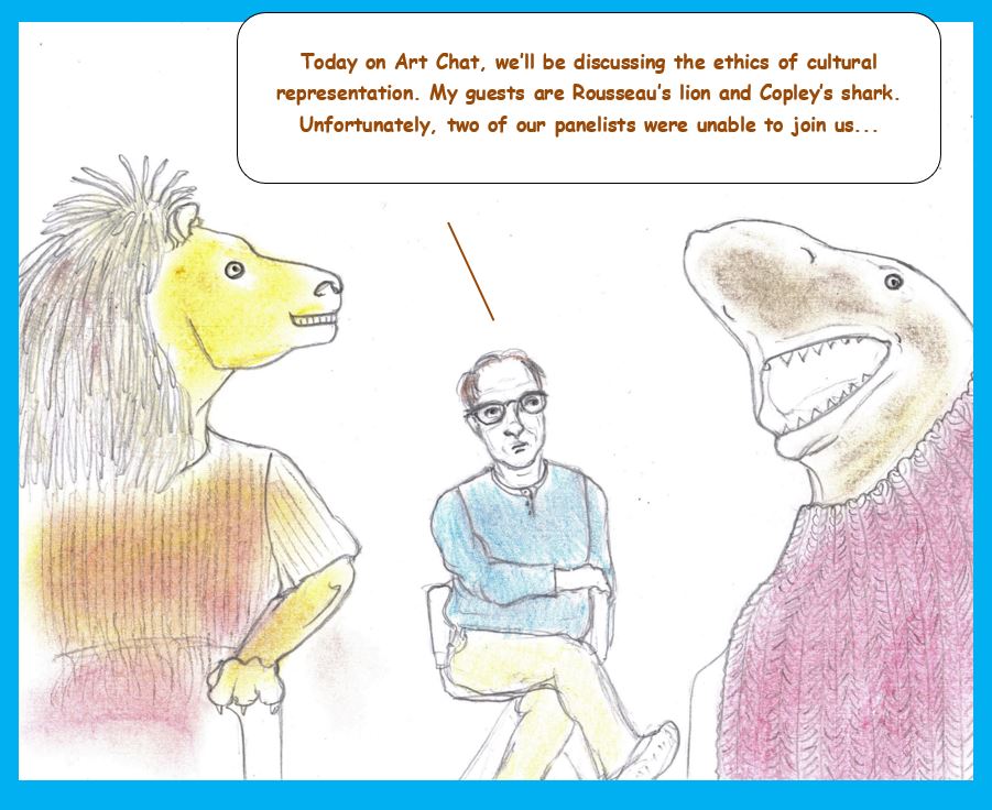 Cartoon of lion and shark on talk show