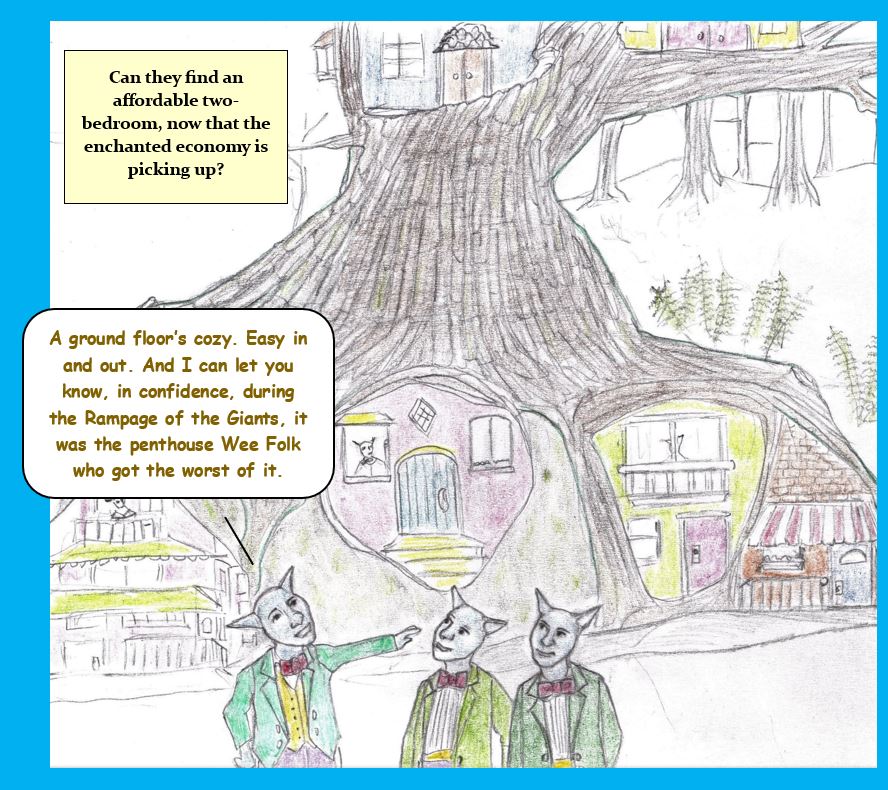 Cartoon of wee folk being shown a rental