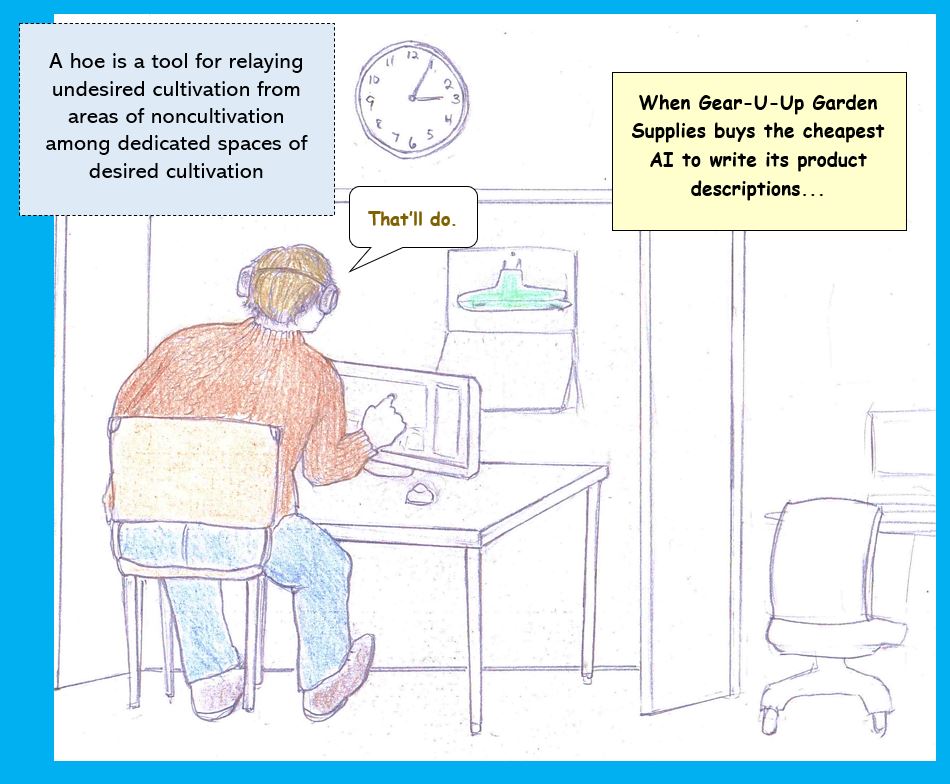 Cartoon of editor using cheap AI to write product descriptions