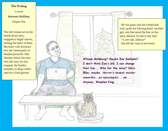 Cartoon of author at writing cabin, drifting from his work to think about who will be cast in the movie of his book, etc.