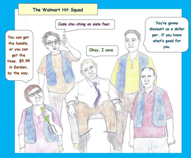 Cartoon of Walmart hit squad shaking down a vendor